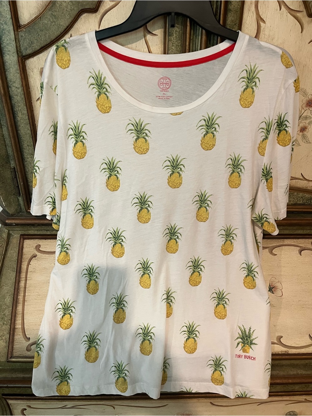 Tory Burch White Tee with Yellow Pineapple Print